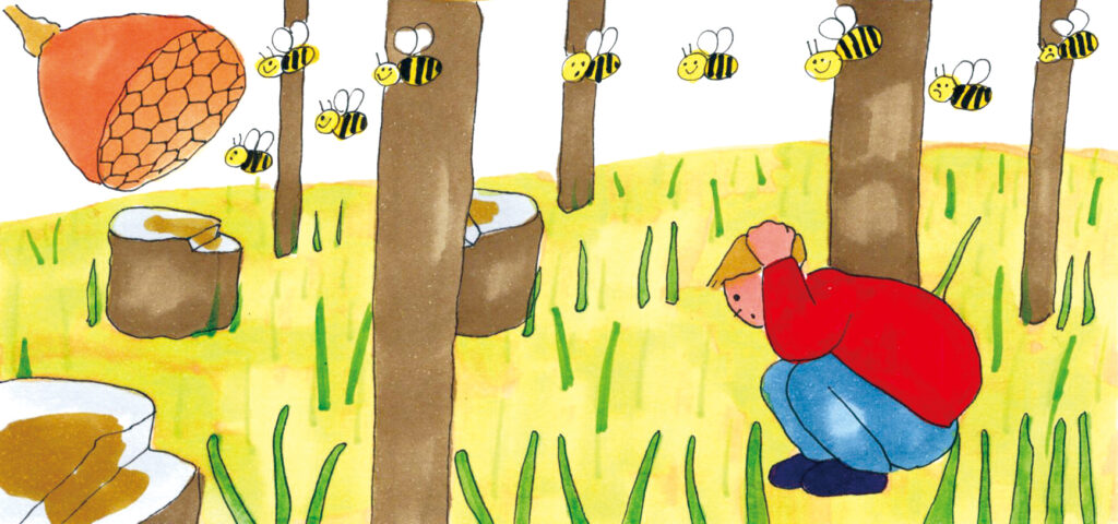 森の中で蜂と出くわしてしゃがんでいる人のイラスト